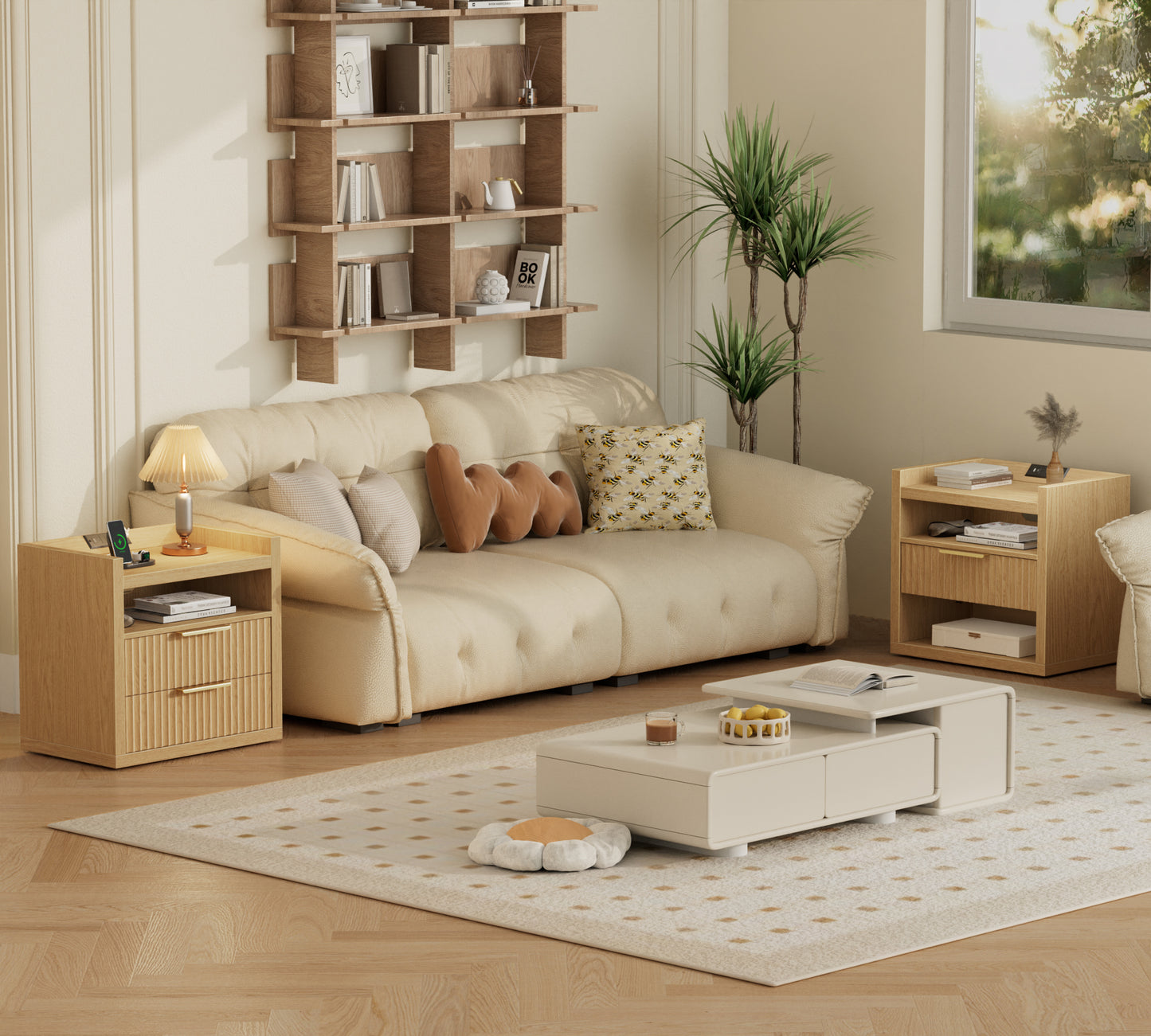 Satifur Modern Fluted Nightstand with Charging Station & 2 Storage Drawer for Bedroom