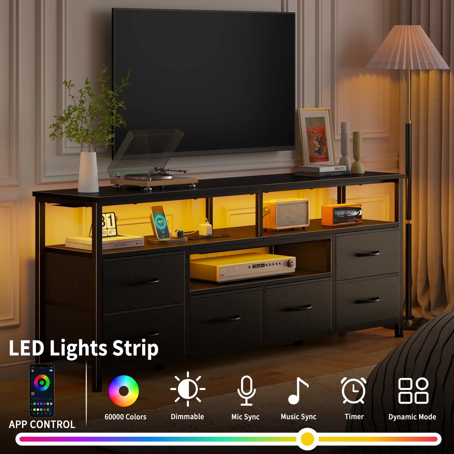 Tydimor 55 Inch TV Stand with LED Lights & Charging Power Station, 6 Fabric Drawer Dresser, Multifunctional Media Console, Sideboard Storage Cabinet, Entryway Hallway Table Fits 32-70 Inch TV