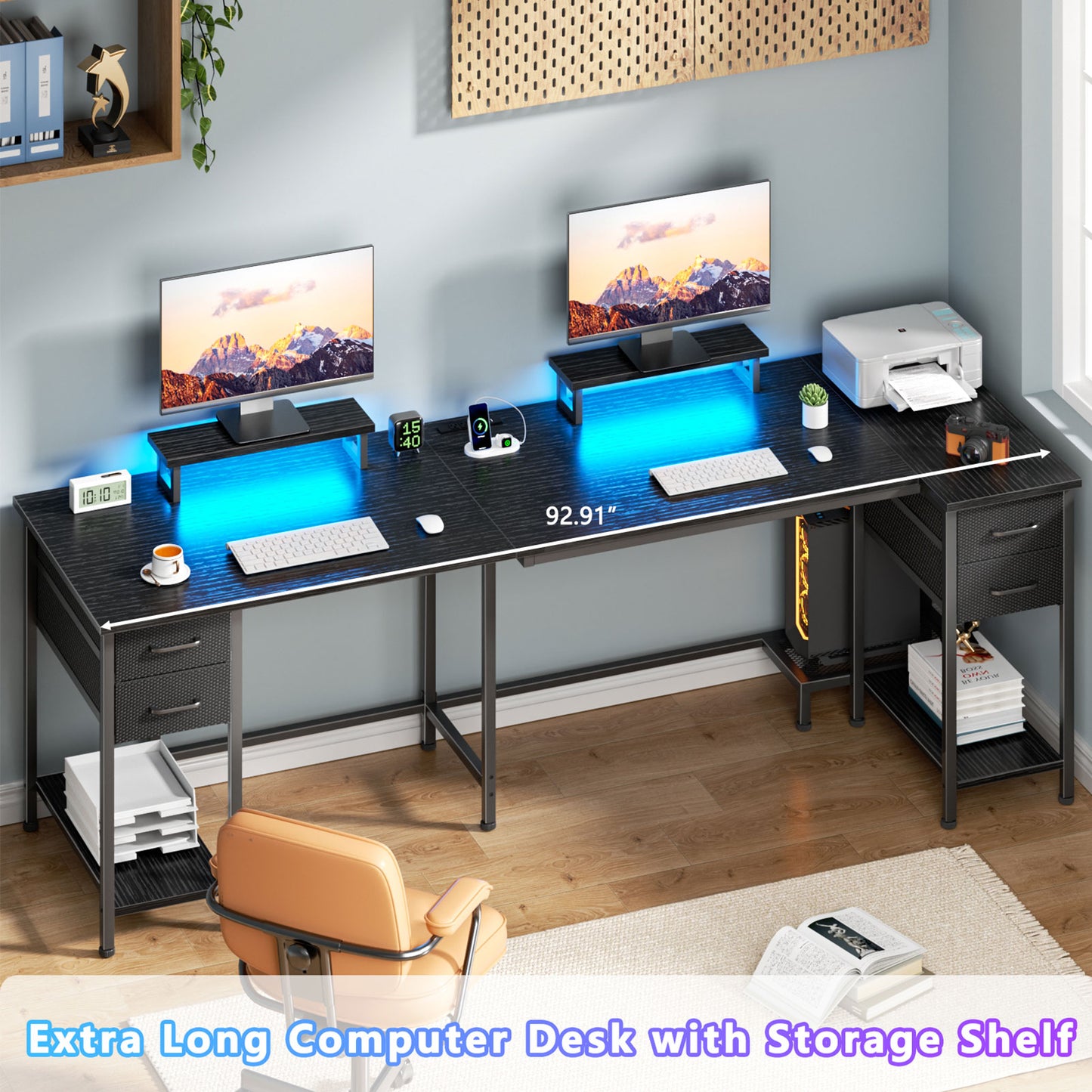 Satifur Computer Desk with Power Outlet & LED Light, Home Office Writting Desk for 2 Person 93" with Drawers & Monitor Stands, Black