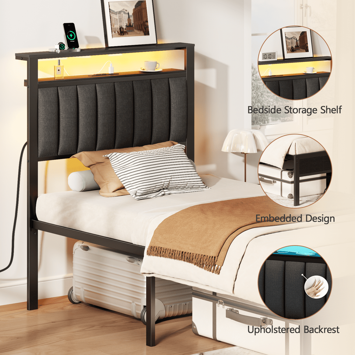 Satifur Twin LED Bed Frame with Smart RGB Lights, Headboard Charging Station, Versatile Storage Solution, Comfortable Upholstered Backrest, No Box Spring Needed
