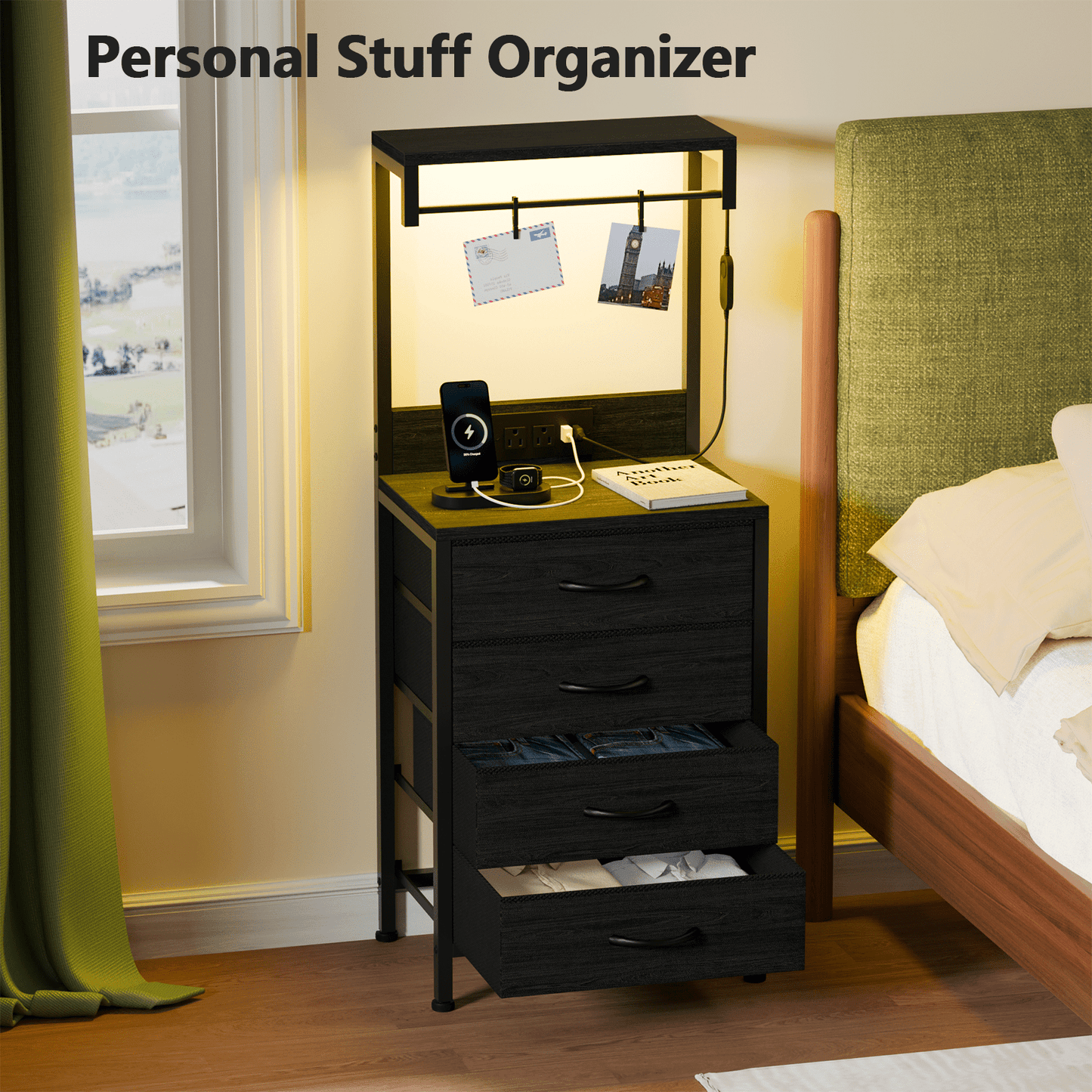 Satifur Tall Nightstand with Charging Station and Drawers, Bedside Table with 4 Fabric Drawers, LED Lights, and 2 Storage Shelves, Black Oak