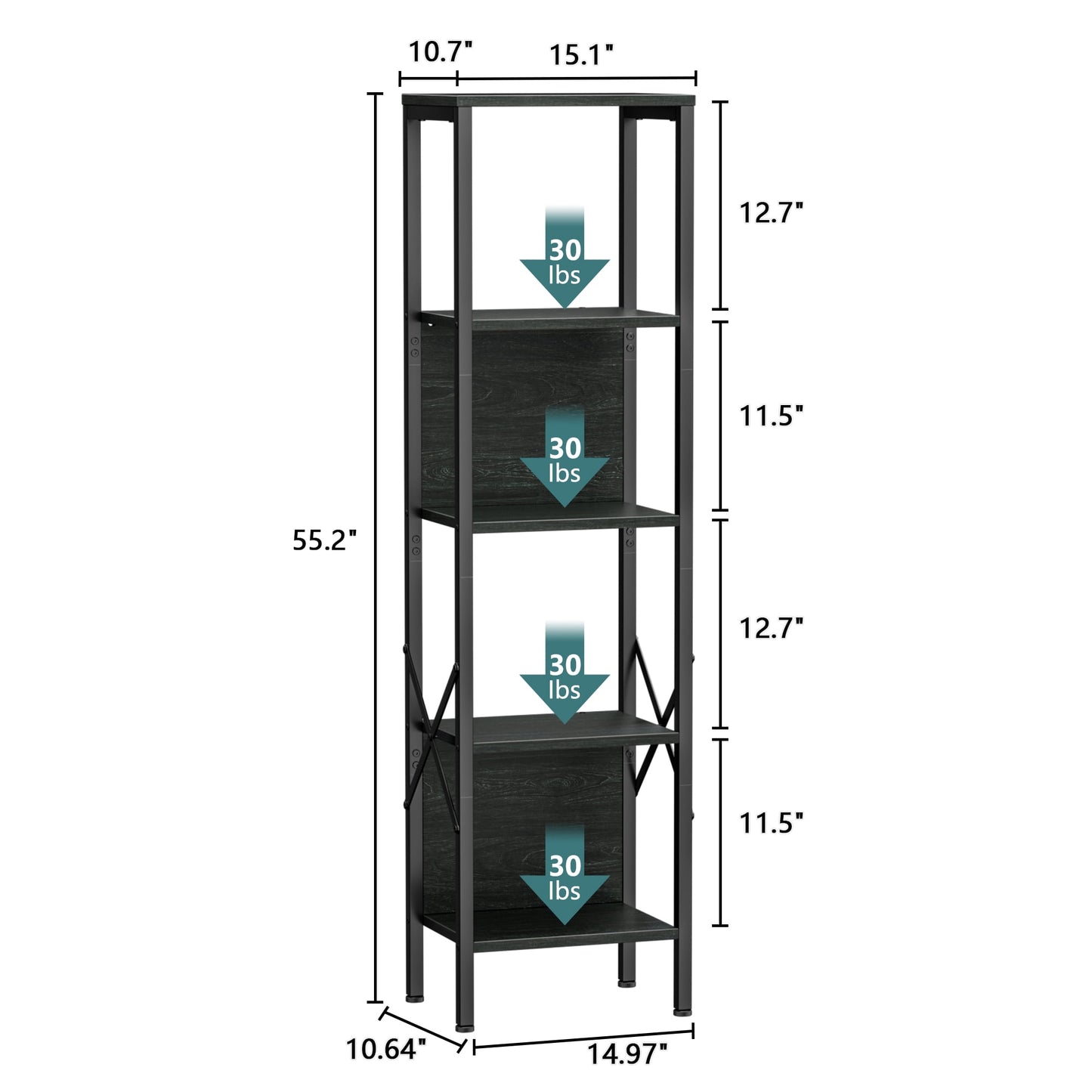 Satifur Bookshelf with 2 Large Backboards, Narrow Bookcase for Space Saving, Industrial Bookshelf with 5 Shelves for Office,Bathroom,Bedroom,Black Oak Finish