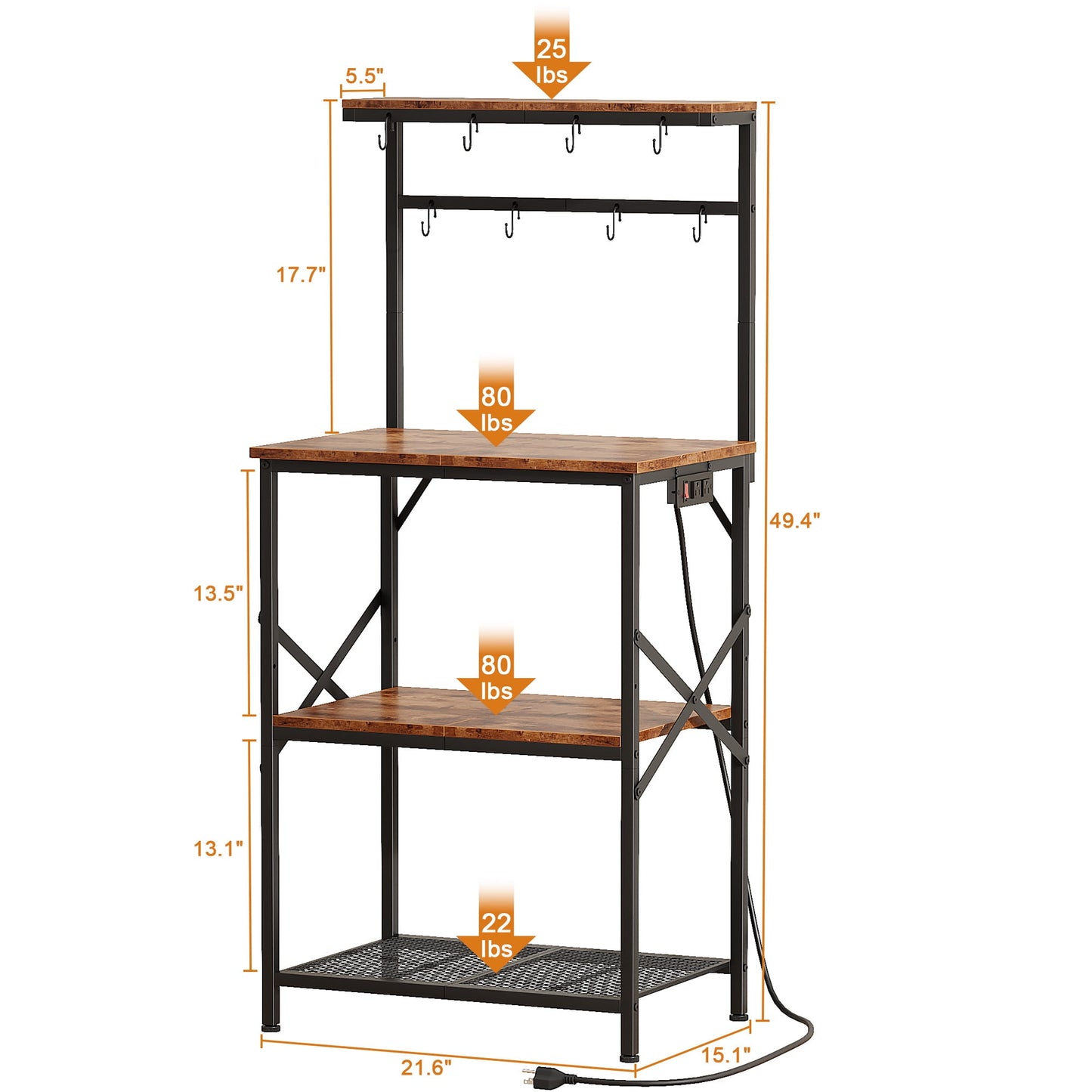 TYDIMOR Kitchen Bakers Rack with Outlets, Coffee Bar Table 4 Tiers Microwave Stand, Brown