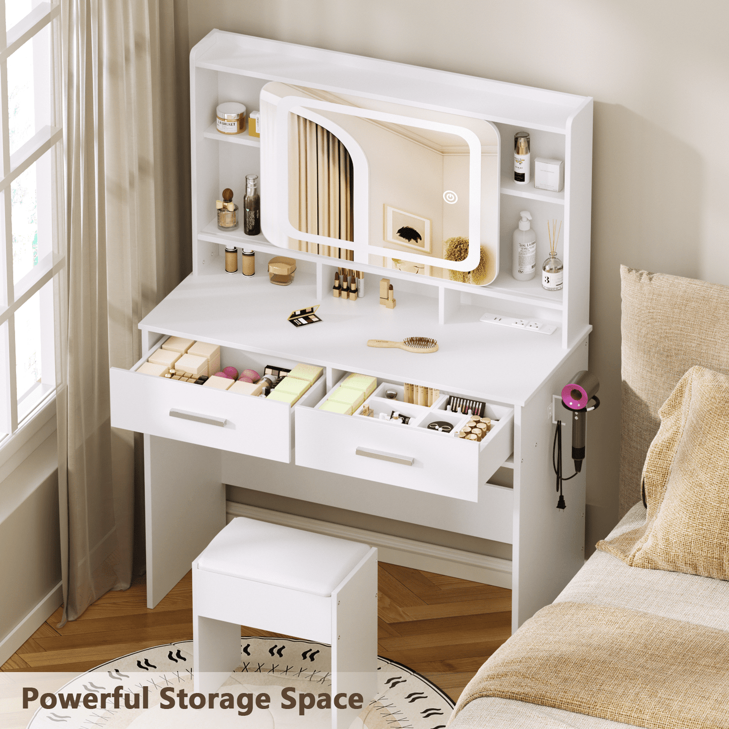 Hexmn sliding lighted mirror Vanity Set with charging station, makeup bathroom dressing tables with drawers storage for adult