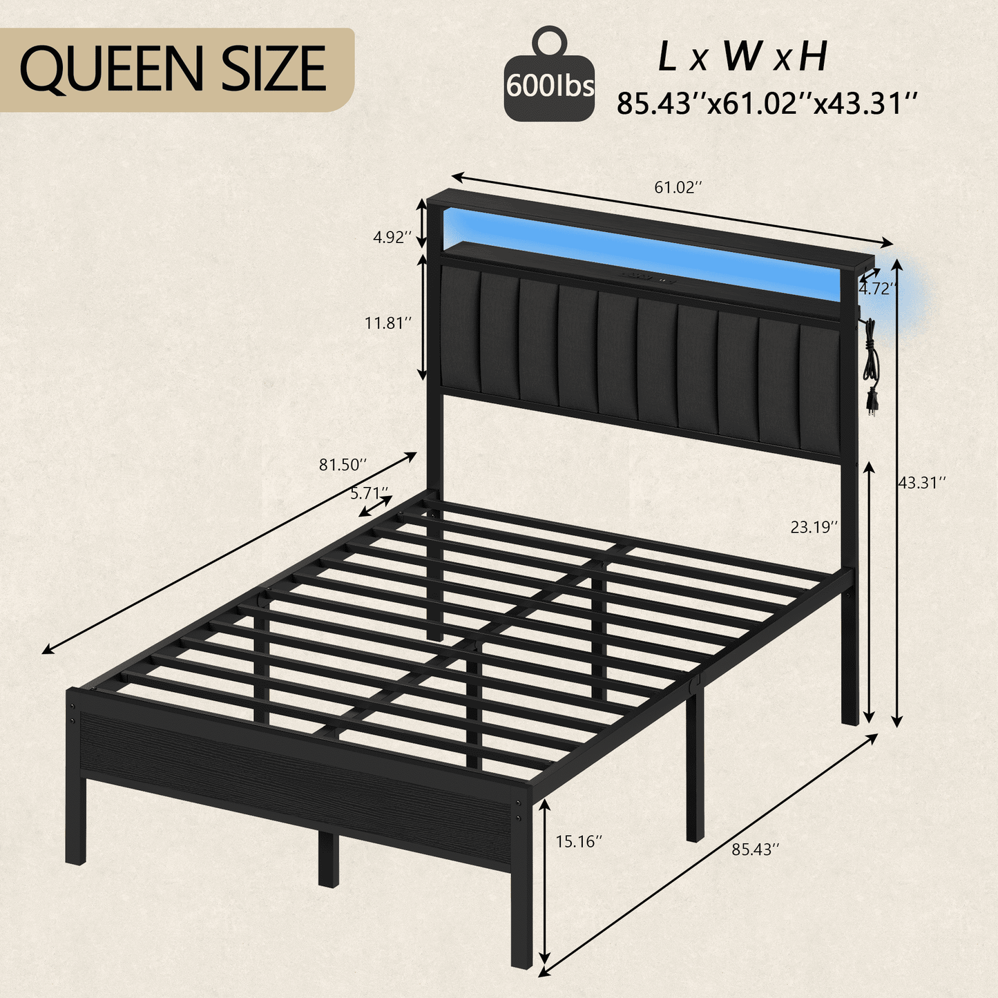 Tydimor King Size Metal Smart Bed Frames with Upholstered Headboard, LED Lights, USB Ports and Outlets, Storage Shelves & Underbed