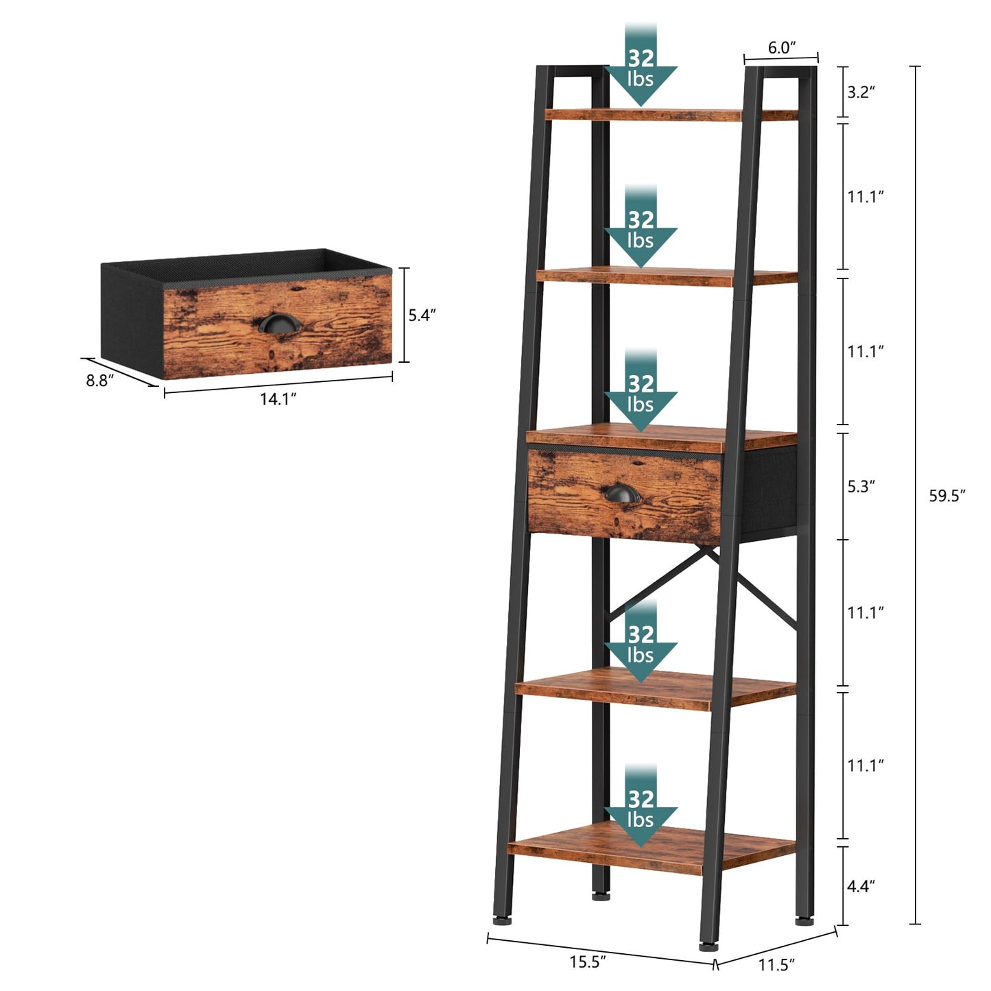 Tydimor 5-Tier 59.5" Ladder Bookshelf with Removable Drawers Narrow Bookcase for Living Room,Rustic Brown