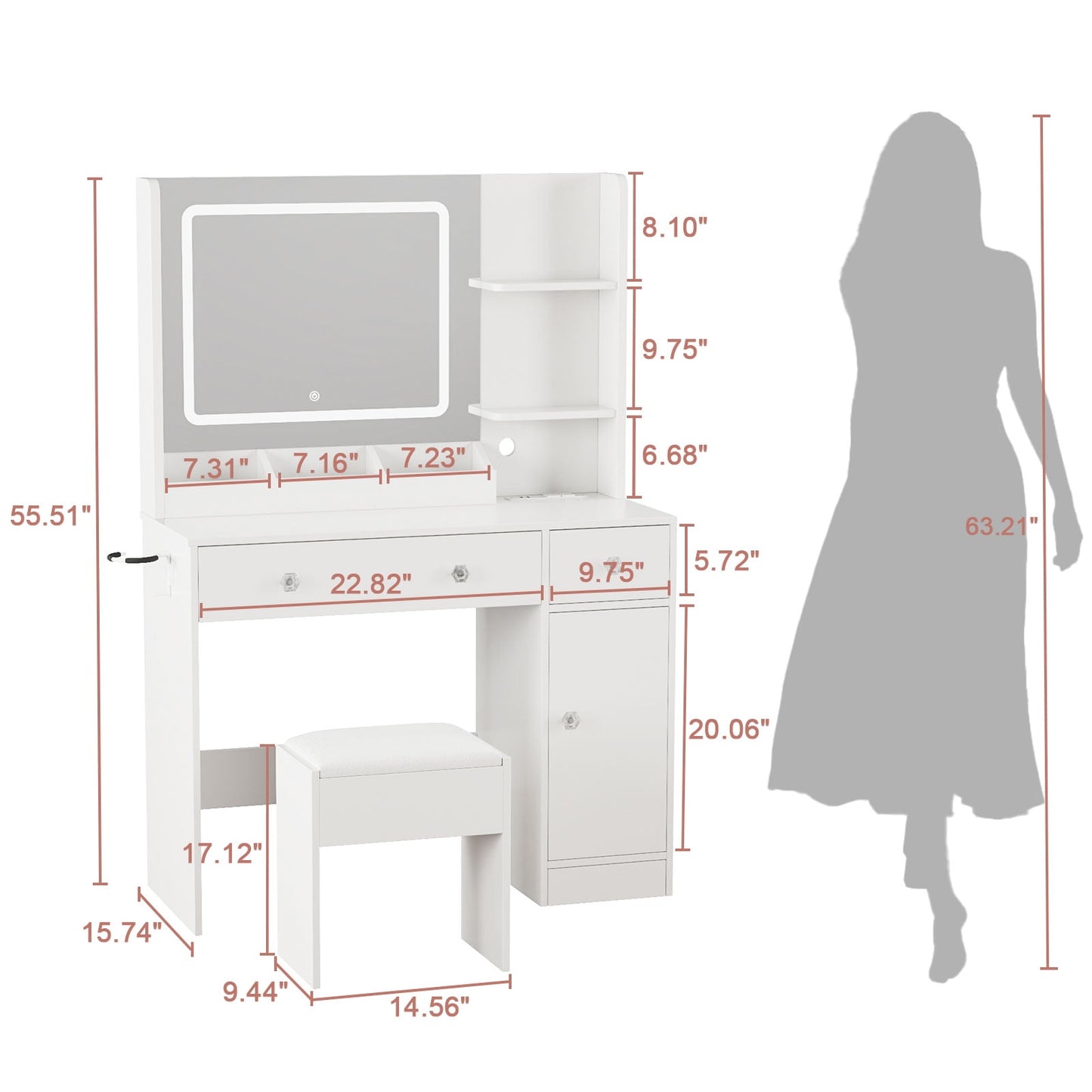Satifur Vanity Set with Mirror & Lights, Women Makeup Table with Charging Station, Sturdy Dressing Desk with Drawers & Stool