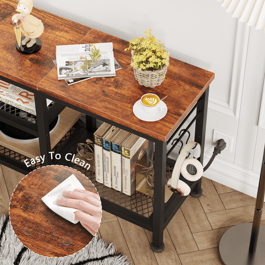 Tydimor Vintage TV Stand with Power Outlet for TVs up to 55" TVs with Open Storage Shelves and Metal Frame, Rustic Brown