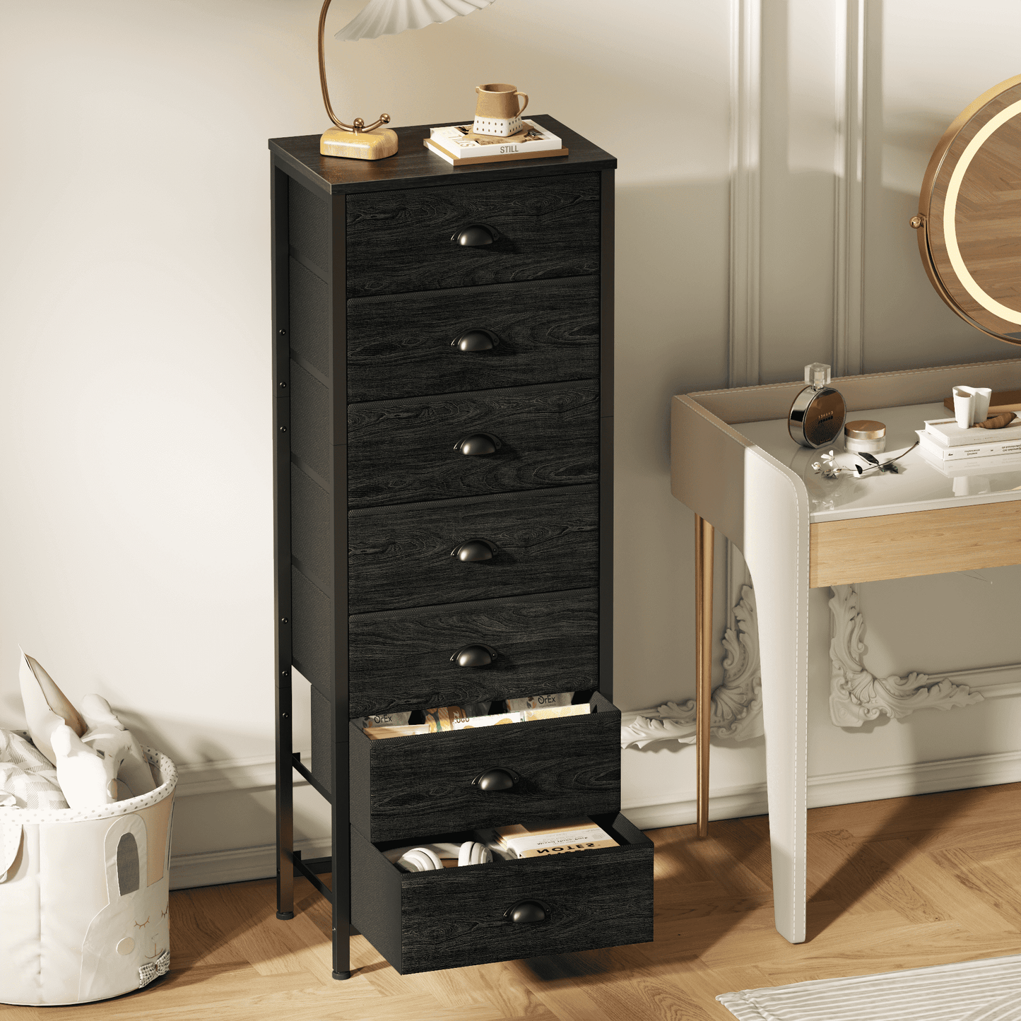 Tydimor 7-Drawer Tall Dresser Bedside Fabric Nightstand with Storage,Black Oak