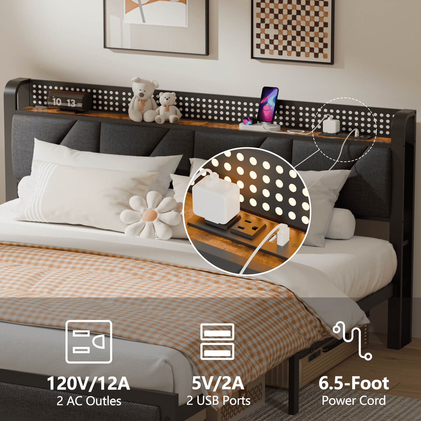 Tydimor Full Size Metal Smart Bed Frames with Upholstered Headboard, LED Lights, USB Ports and Outlets, Storage Shelves & Underbed
