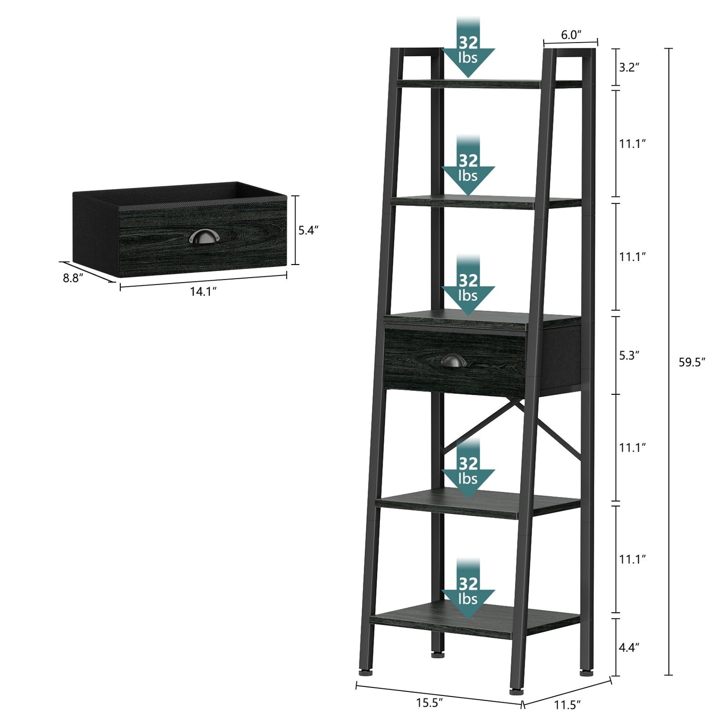Tydimor 5-Tier 59.5" Ladder Bookshelf with Removable Drawers Narrow Bookcase for Living Room,Black Oak
