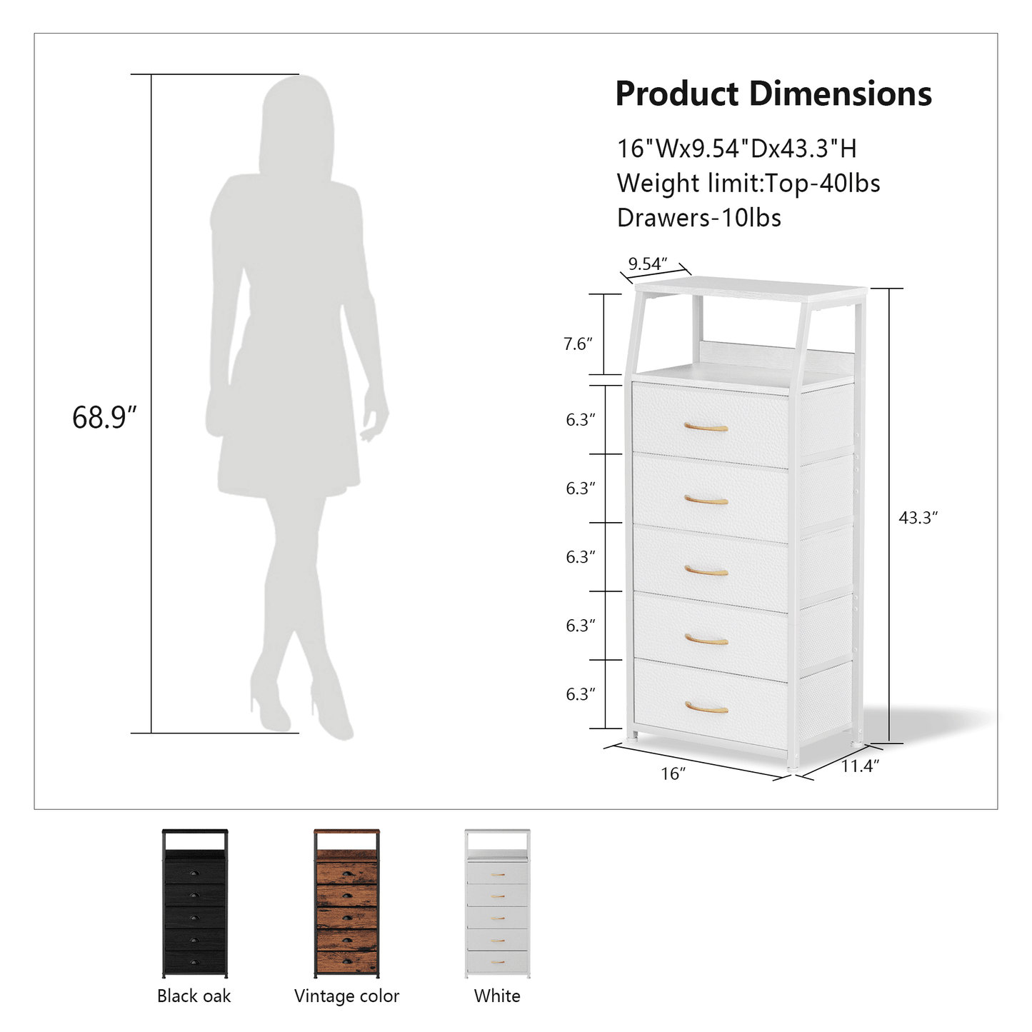 TYDIMOR Fabric Dresser for Bedroom, 5 Drawer Chest of Drawers, White, Ideal for Adults