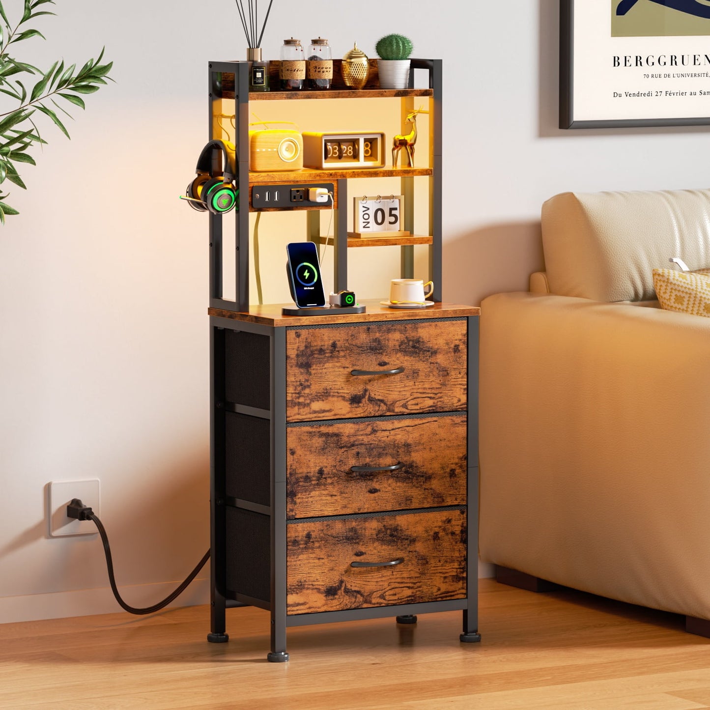 Satifur Tall Nightstand with Charging Station and LED Lights, Bedside Table with Drawers and Bookshelf, Rustic Brown