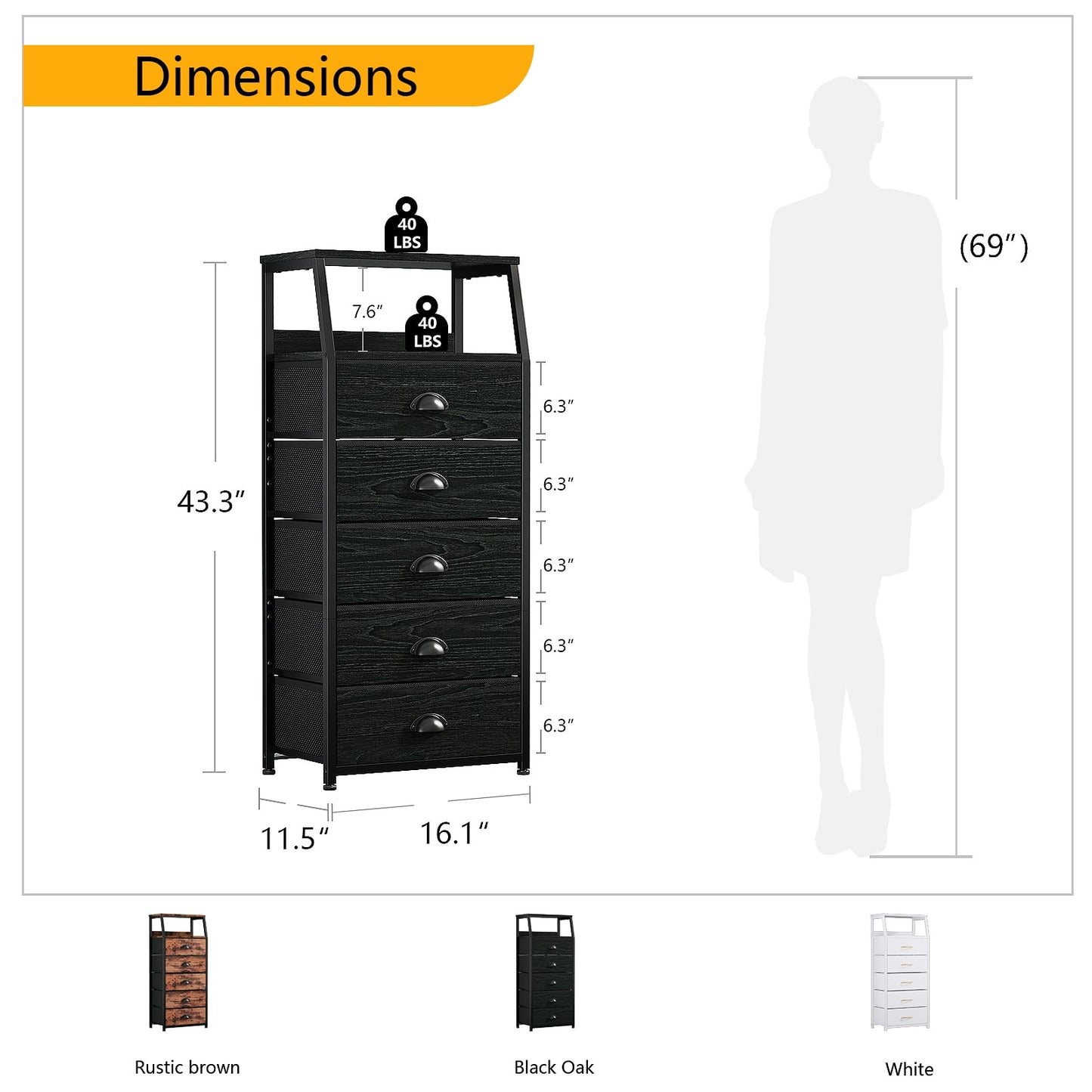 TYDIMOR Fabric Dresser for Bedroom, 5 Drawer Chest of Drawers, Black, Ideal for Adults