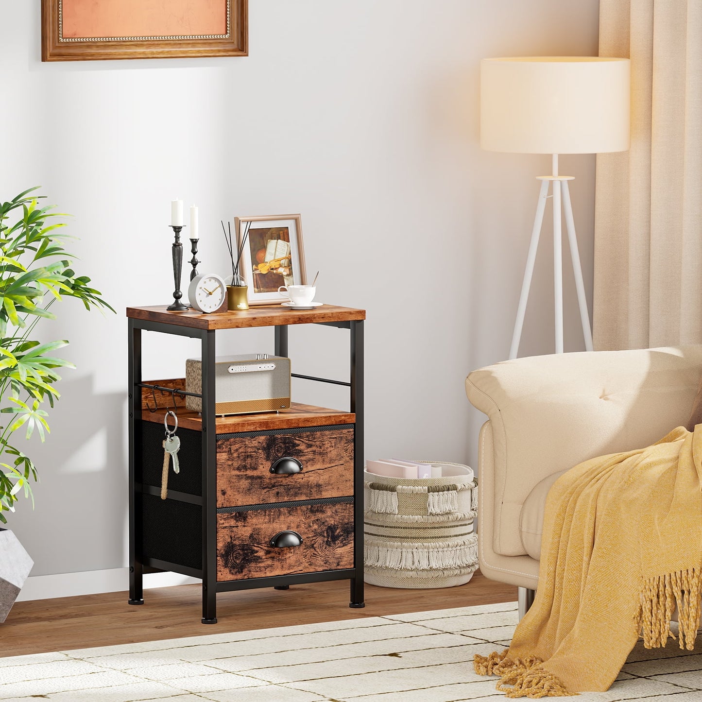 Satifur Nightstand with 2 Fabric Drawers & Shelf, Bedside End Table for Bedroom, Rustic Brown