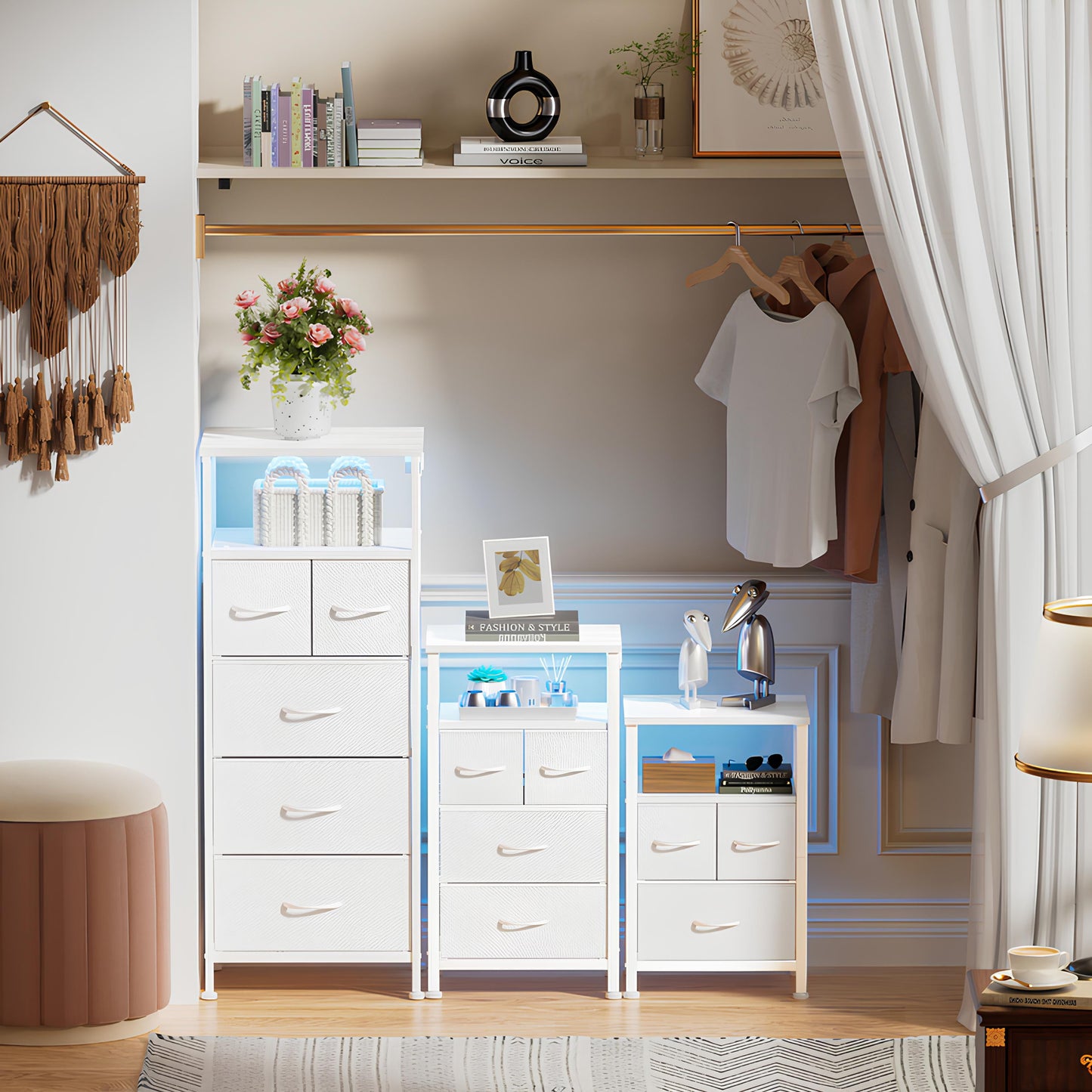 TYDIMOR 4 Drawer Dresser,Small Dresser with Charging Station and LED, White, for Bedroom and Living Room