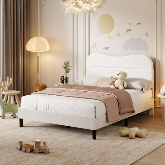 Tydimor Full Bed Frame with Teddy Velvet Soft Curved Headboard, Platform Bed with Wooden Slats Support, Easy Assembly, Noise-Free, White