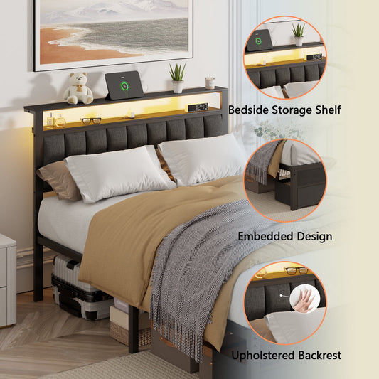 Satifur Farmhouse Full Bed Frame with 2 Drawers, Metal Platform Bed with Charging Station & Storage Headboard, Space Saving