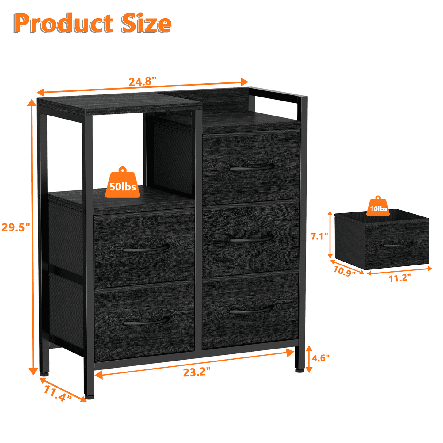 TYDIMOR 5 Drawer Fabric Dresser for Bedroom, Black Oak Chest for Closet & Living Room, Ideal for Adults