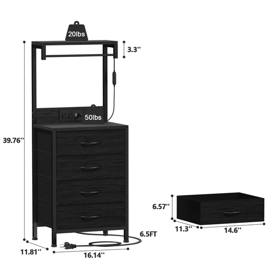 Satifur Tall Nightstand with Charging Station and Drawers, Bedside Table with 4 Fabric Drawers, LED Lights, and 2 Storage Shelves, Black Oak