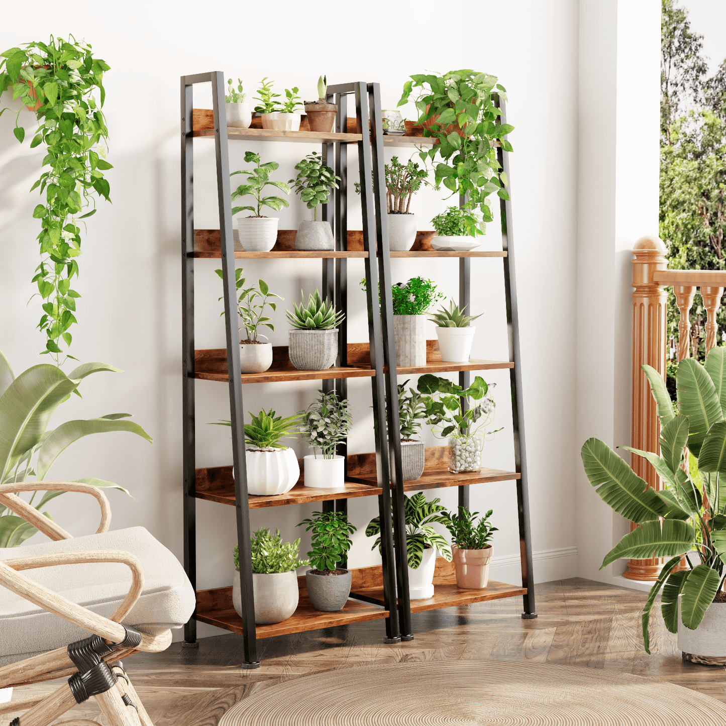 Tydimor 5-Tier Ladder Bookshelf With Drawer, Leaning Bookcase Storage Display Shelf,Rustic Brown