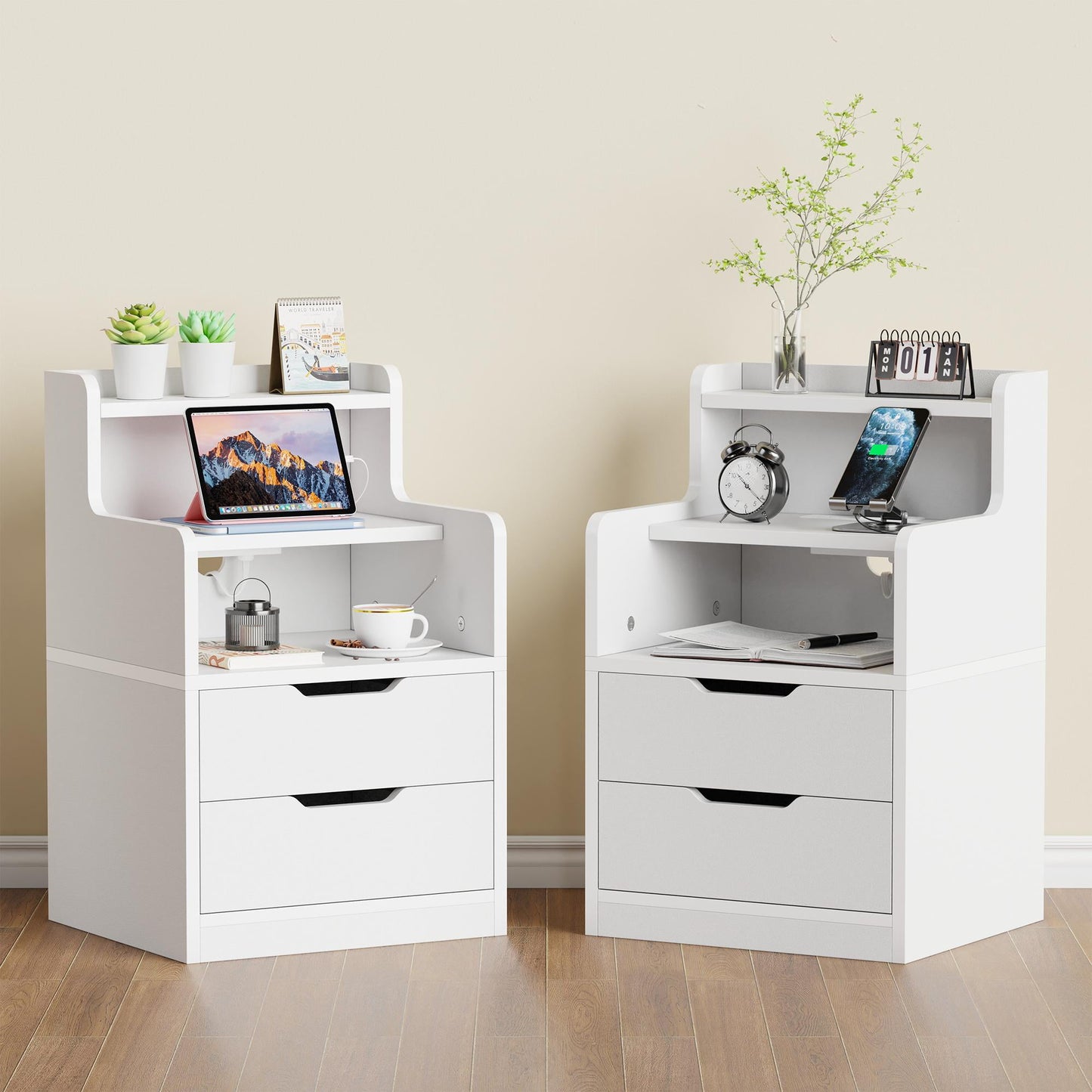 Satifur White Nightstand with Charging Station,LED Nightstand with 2 Drawers Bed Side Table,White