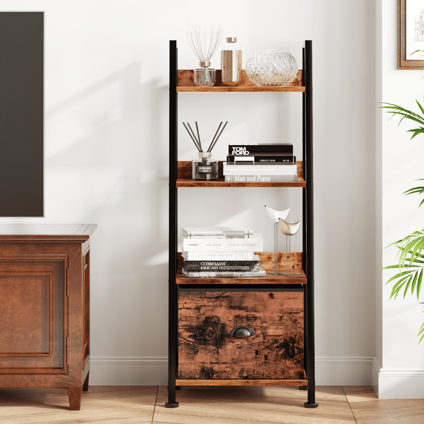 Tydimor 4-Tier Ladder Bookshelf With Drawer, Leaning Bookcase Storage Display Shelf,Rustic Brown