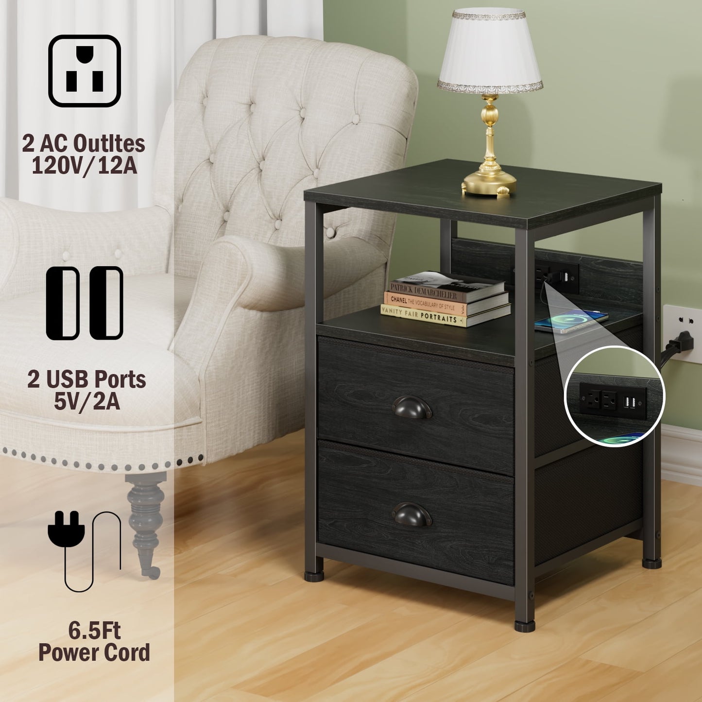 Satifur Nightstand Set of 2, Side End Table with Charging Station, Black Oak