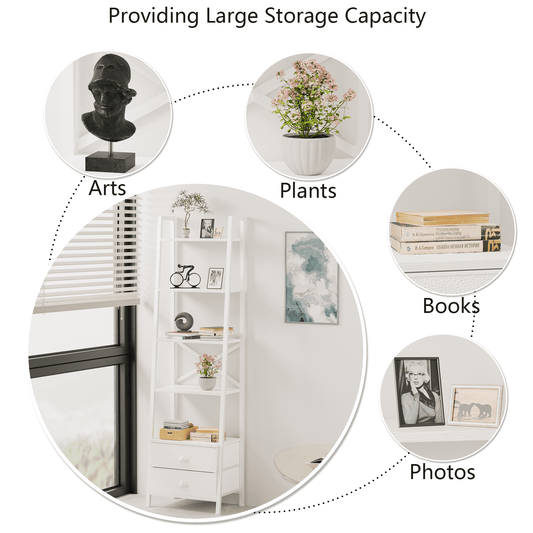 Tydimor 5-Tier 64"H Industrial Bookshelf with 2 Removable Drawers Narrow Bookcase for Living Room,White