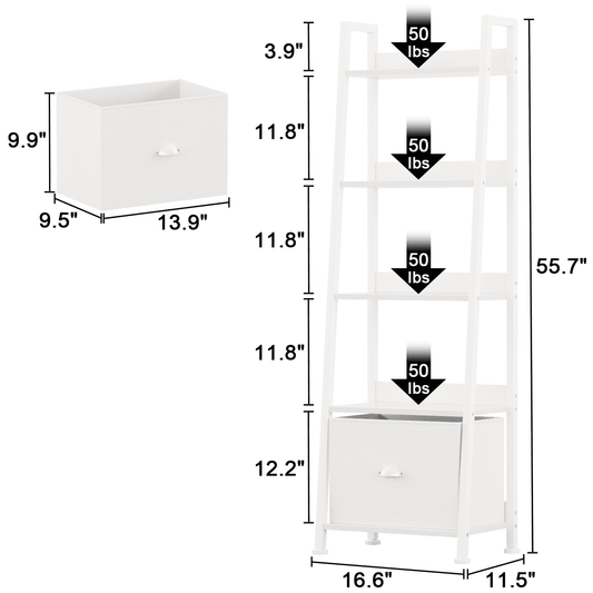 Tydimor 5-Tier Ladder Bookshelf With Drawer, Leaning Bookcase Storage Display Shelf, White