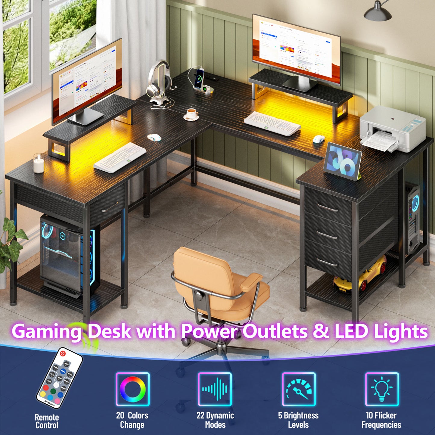 Satifur Computer Desk with Power Outlet & LED Light, Home Office Writting Desk for 2 Person 93" with Drawers & Monitor Stands, Black
