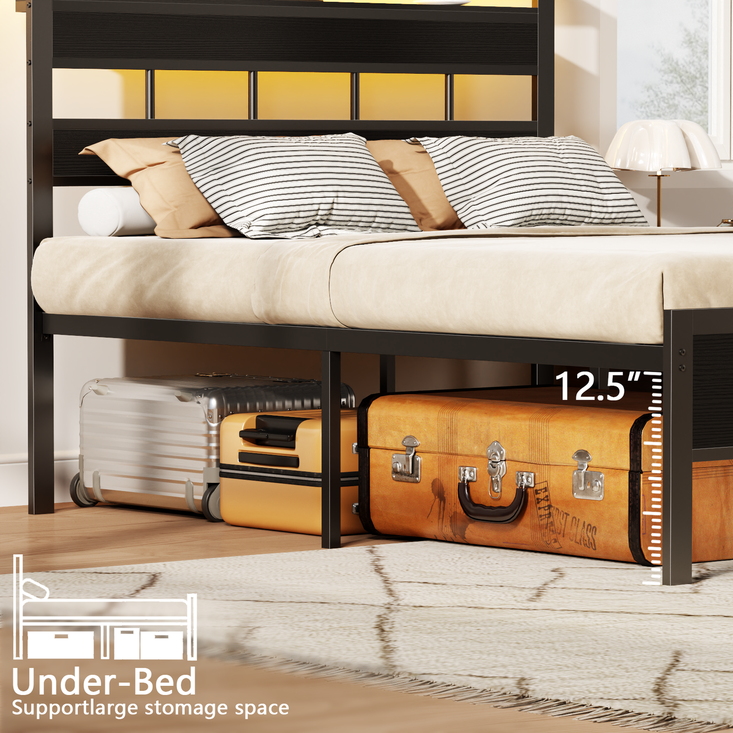 Tydimor Bed Frames Full No Sound with Storage Underbed & Headboard, Cama Full Size Bed Frame with Lights, Niose Free