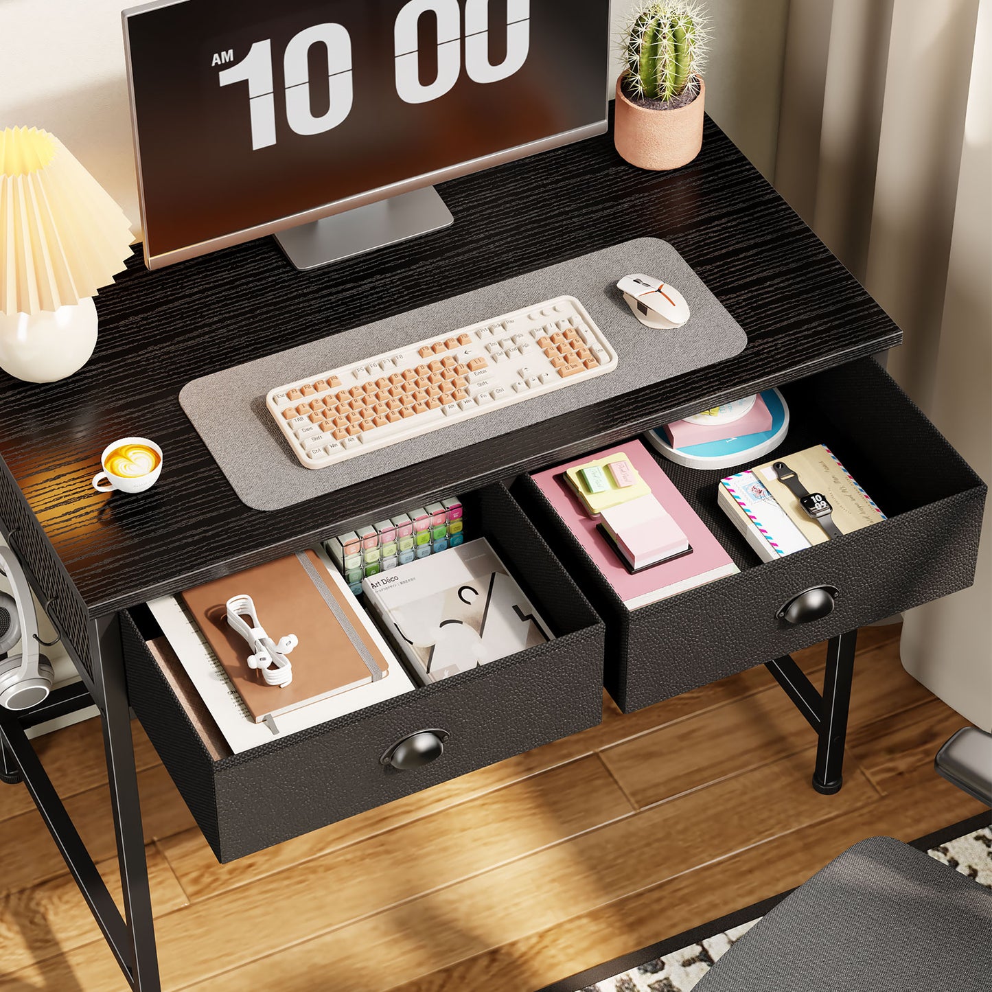 Satifur Computer Desk with Drawers & Hooks, 34" Writing Desk with 2 Fabric Drawers for Bedroom, Black