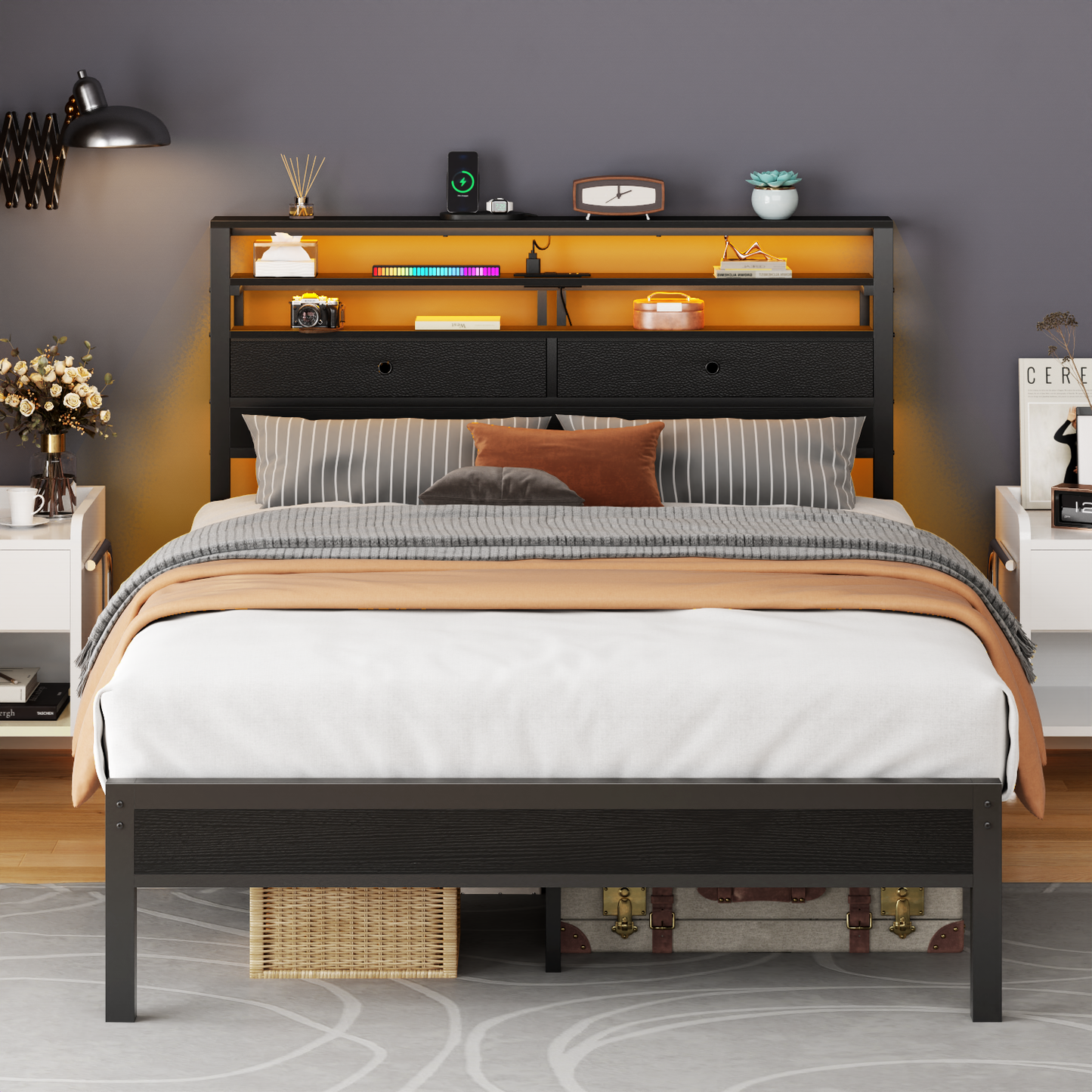Tydimor Full Size Bed Frame with 2 Storage Drawers Headboard, LED & Charging Station, Black oack
