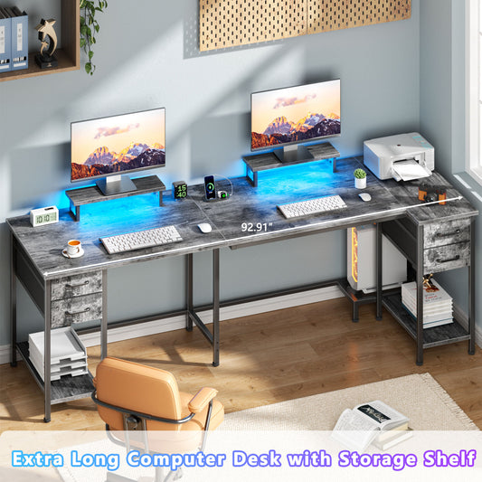 Satifur Computer Desk with Power Outlet & LED Light, Home Office Writting Desk for 2 Person 93" with Drawers & Monitor Stands, Grey