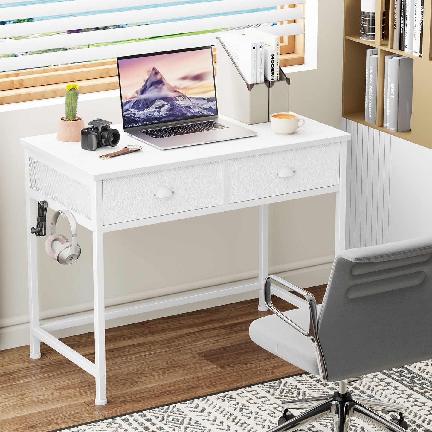 Satifur White Writing Desk with Drawers & Hooks, 34" Computer Desk with 2 Fabric Drawers