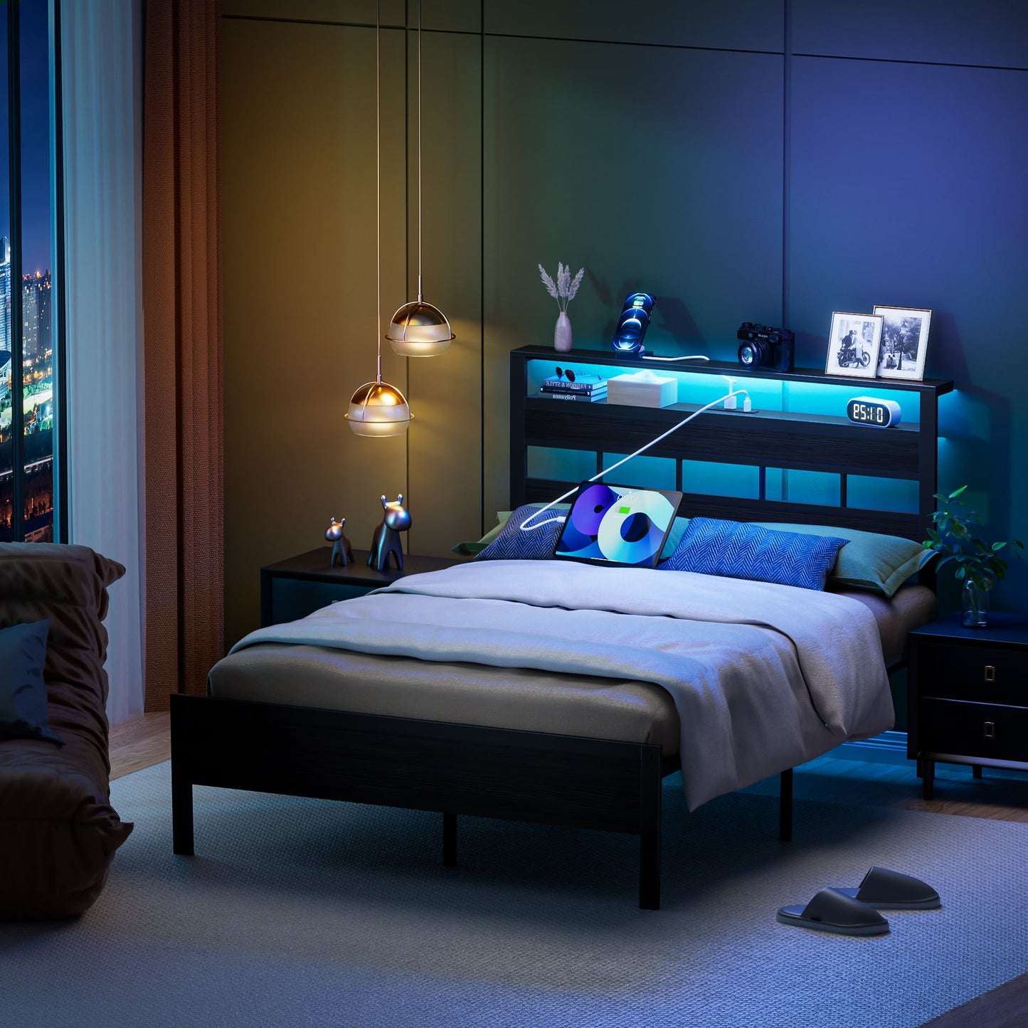Satifur Full Size Bed Frame with Upholstered Storage Headboard and LED Light, Platform Bed with Metal Slats, Noise Free Design