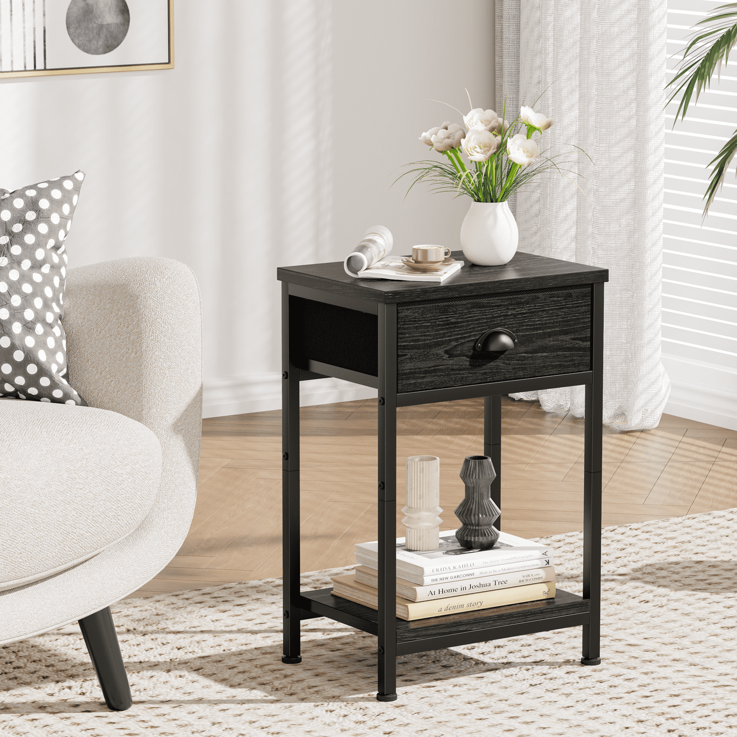 Satifur Nightstand for Bedroom,3-Tier End Table with Drawer,Black Oak Finish