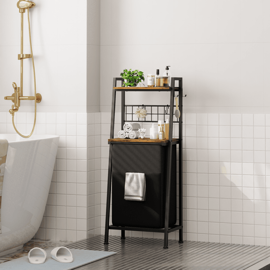 Satifur Laundry Basket Hamper with Oxford Fabric Pull-Out Bag 2-Tier Shelf Hook for Laundry Room Bedroom Bathroom