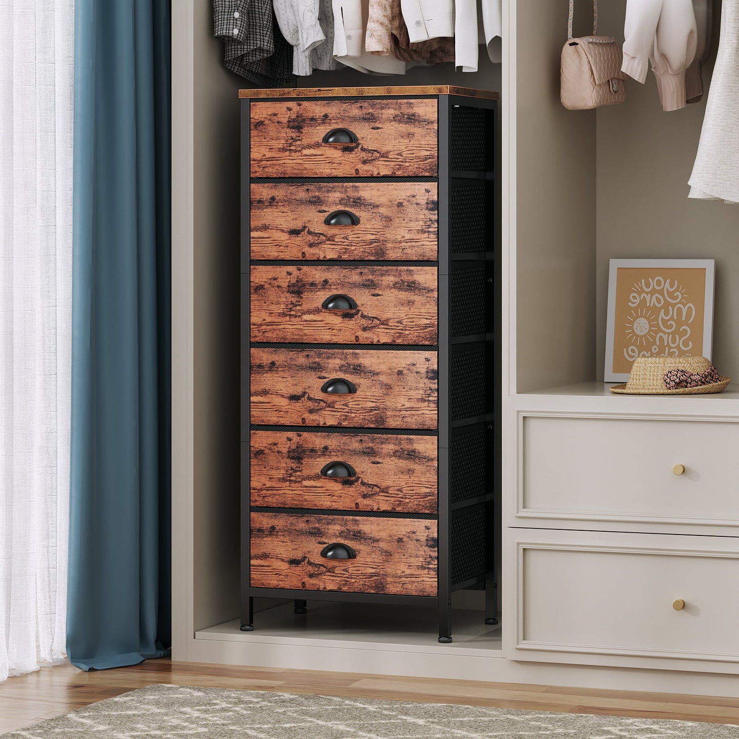 Tydimor 6 Drawer Dresser,Chest of Drawers for Bedroom Tall Fabric Dresser,Rustic Brown