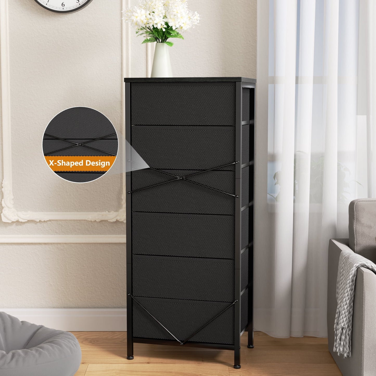 Tydimor 6 Drawer Dresser,Chest of Drawers for Bedroom Tall Fabric Dresser,Black Oak