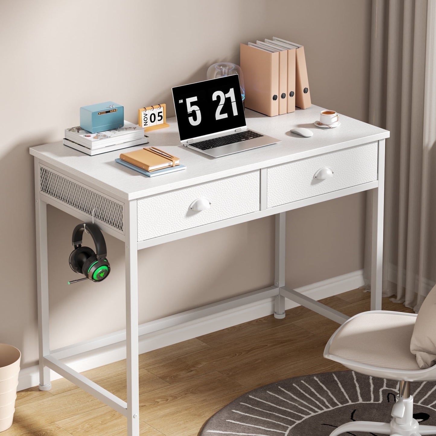 Satifur Vanity Desk Without Mirror, Makeup Vanity with Drawers & Hooks for Bedroom, Simple Home Office Computer Desk for Small Spaces, White