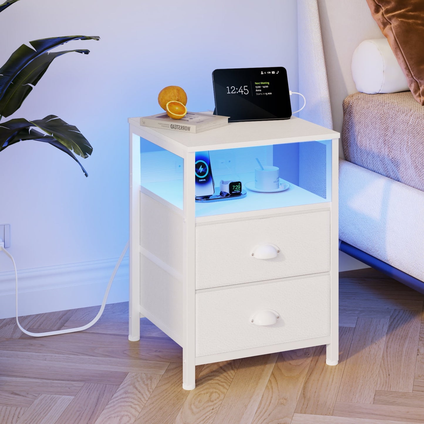 Satifur Night Stand Set of 2 with Charging Station,LED Nightstand with Fabric Drawers Bed Side Table,White