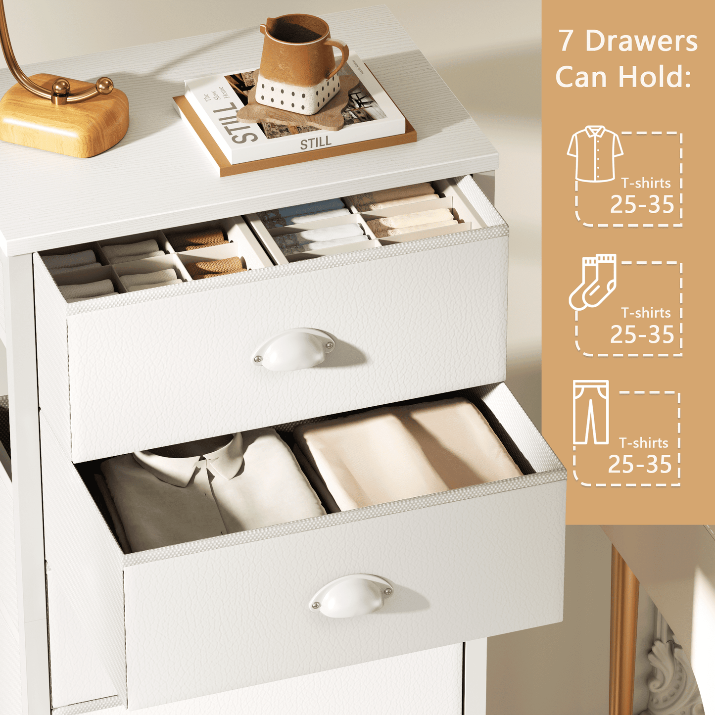 Tydimor 7-Drawer Tall Dresser Bedside Fabric Nightstand with Storage,White