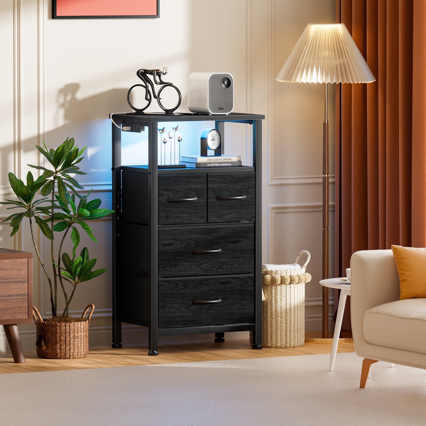 Satifur Chest of Drawers with Charging Station,LED Nightstand with 4 Fabric Storage Drawers, Black Oak