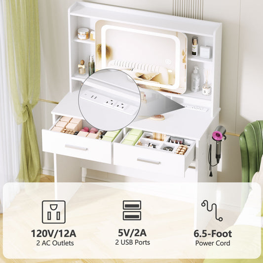 Satifur Vanity Desk with Slide Mirror and Lights, White Makeup Vanities Table and Stool Set with Charging Station and Drawers for Bedroom