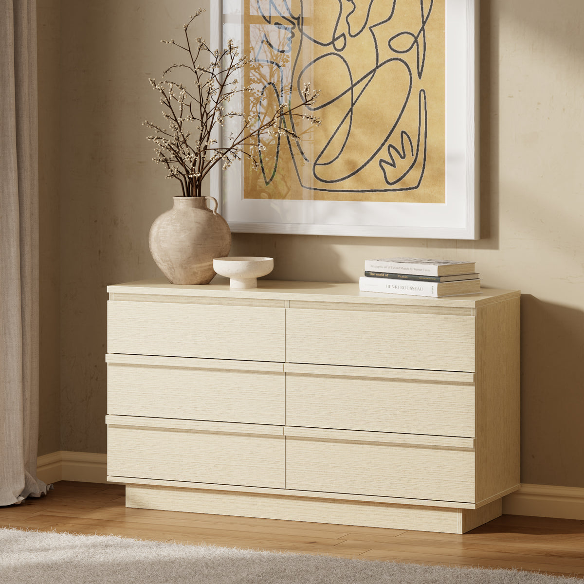 Satifur 6-Drawer Dresser, 47.2 Inch Wide Beech Wood TV Stand & Storage Cabinet for Living Room Bedroom