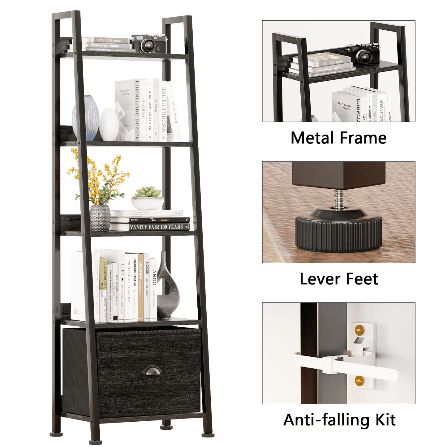 Tydimor 5-Tier Ladder Bookshelf With Drawer, Leaning Bookcase Storage Display Shelf, Black Oak