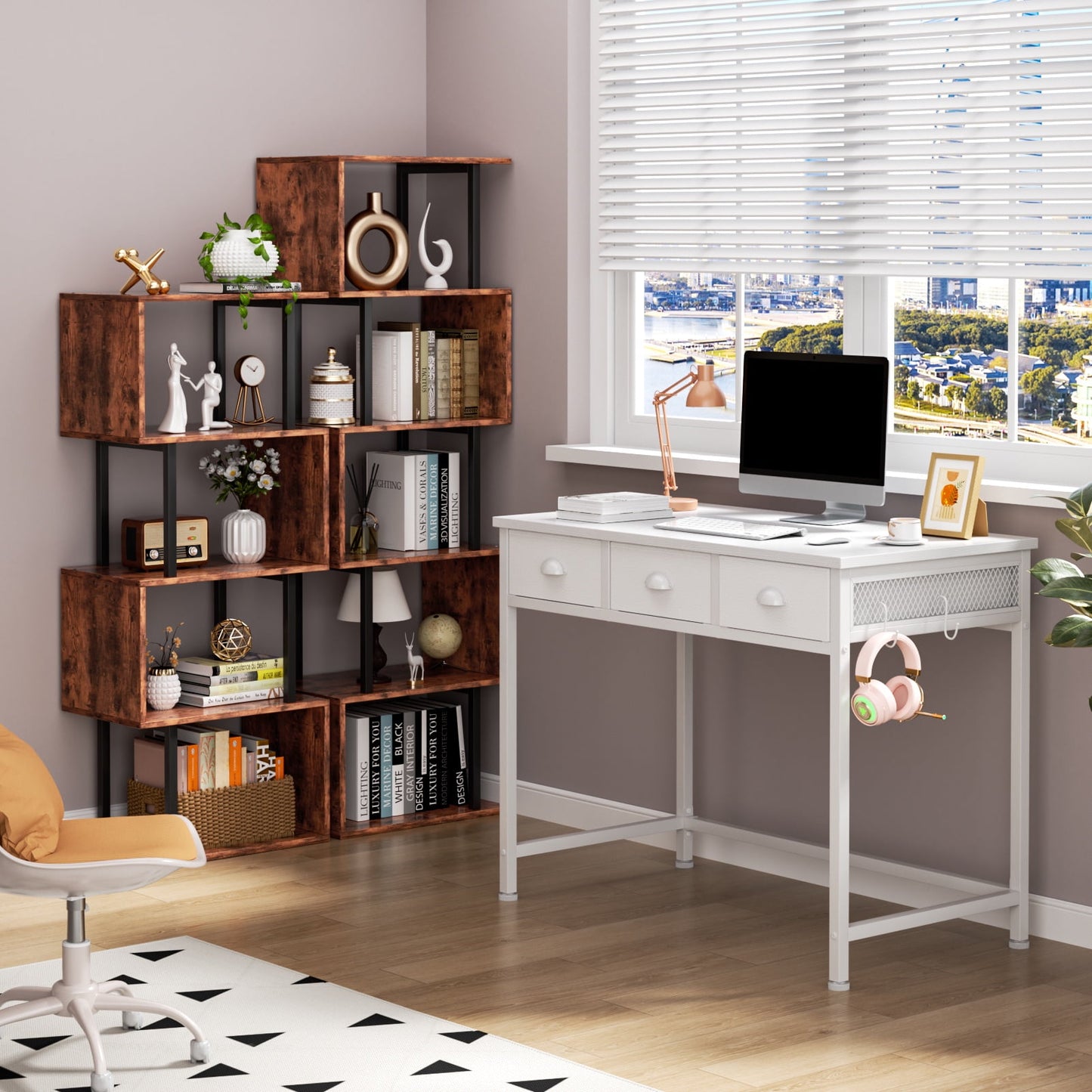 Satifur White Desk with Drawers & Hooks, Computer Writing Desk with 3 Fabric Drawers for Bedroom, Home Office