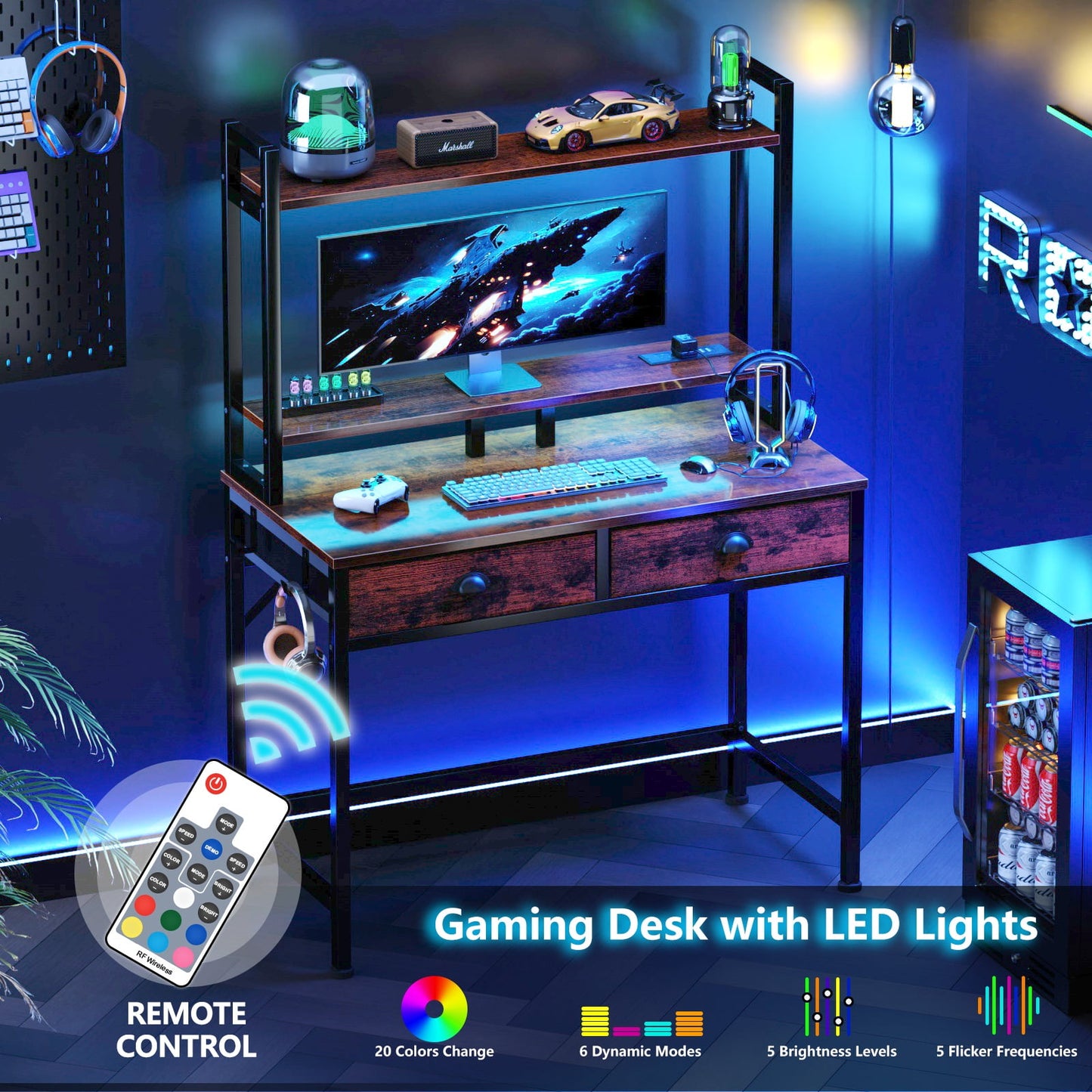 Satifur Computer Desk with Charging Station & LED Lights, Gaming Desk with Drawers & Shelves, Rustic Brown